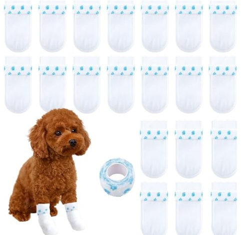 Einweg-Hundestiefel zum Schutz der Pfoten, Schuhe mit verstellbarem Klebeband für kleine, mittelgroße und große Hunde, Hundesocken gegen Lecken und Wunden der Pfoten (S (2,3–7,3 kg), Weiß, 20 Stück