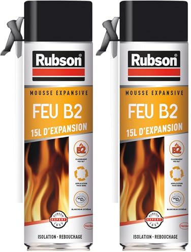 Rubson Mousse expansive Feu B2, Mousse isole et rebouche résistante au feu, Isolant thermique multi-supports pour intérieur & extérieur, isolant blanc, aérosol 500 ml (Lot de 2)
