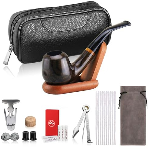 Joyoldelf Tabak Pfeifen Set, handgefertigte Raucherpfeife mit Ledertasche, Ebenholz Tabakpfeife für Anfänger mit 9mm Pfeifenfilter, Pfeifenreiniger, Pfeifenständer und Raucherzubehör
