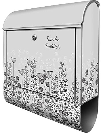 banjado® Design Briefkasten personalisiert Wegesrand 38,5x46,5x13cm & 2 Schlüssel - Briefkasten Stahl Silber Zeitungsfach pulverbeschichtet - Postkasten A4 Einwurf inkl. Montagematerial