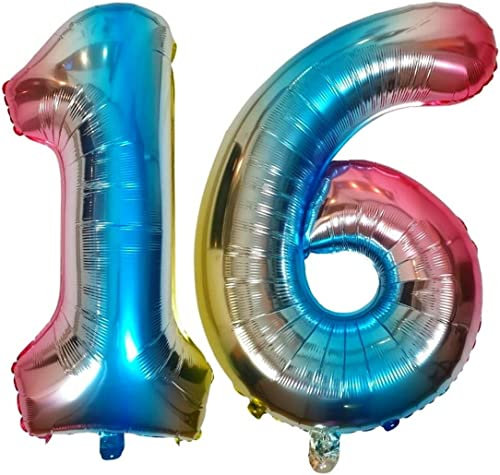 DIWULI Luftballon 16 Jahre XL Blau Regenbogen Geburtstag Deko