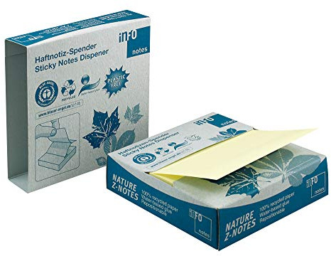 inFO Notes Recycling Haftnotizen in Z-Faltung 75x75mm 100 Blatt recycling gelbes Papier - ausgezeichnet mit dem Blauen Engel In praktischem und umweltfreundlichen Kartonspender 5643-11box