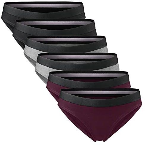 DANISH ENDURANCE Damen Slip aus Bio-Baumwolle, 6 Pack, Schwarz, Unterhose Bikini-Schnitt (Mehrfarbig (2X Dunkelgrau, 2X Schwarz, 2X Weinrot), Small)