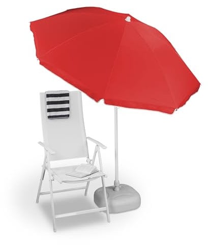 Relaxdays Sonnenschirm, Ø 180 cm, höhenverstellbar, kippbar, Balkonschirm, rund, Polyester, Stahl, Strandschirm, rot