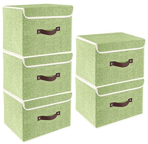 TYEERS Collapsible Storage Box with Lid, Fabric Storage Box for Clothes, Wardrobe Storage, 38x25x25 cm, Set of 5, Green