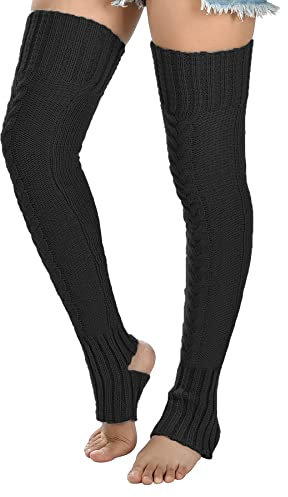 Damen Zopfmuster Oberschenkelhoch Beinstulpen Extra Lang Steigbügel Overknee Hoch Warme Fußlose Socken Strümpfe, Schwarz-826, Einheitsgröße