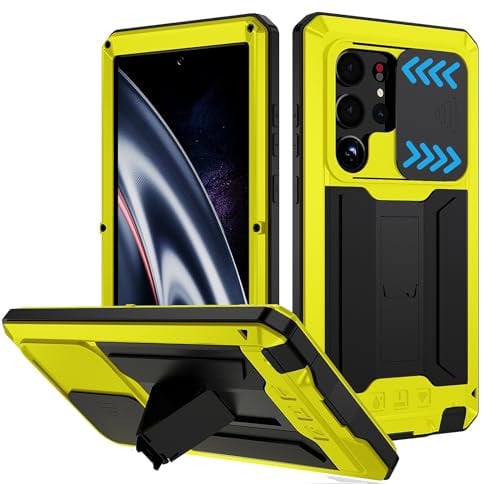 Compatible For Samsung Galaxy S23 Ultra Metal Case,Heavy Duty Dust Proof Military Grade Rugged Case with Sliding Camera Cover and Built-in Foldable Kickstand with Full-Body Bumper Cover (Yellow)