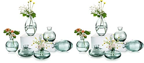 Kleine Vasen füR Tischdeko Glas - EylKoi 4 Sätze(12 Stück) Grün Mini Vase Vintage Handmade Hydroponic Glasvase Blumenvase Modern Set Fuer Hochzeit Tischdeko, Zuhause Wohnzimmer Blumen Rose