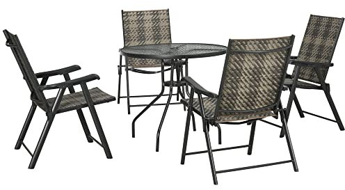 Outsunny 4 Seater Rattan Dining Set, Rattan Garden Furniture Set with Parasol Hole, Outdoor Dining Table and Chairs with 4 Armchairs, Round Glass Top Table for Patio, Balcony, Mixed Grey