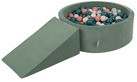 KiddyMoon Spielplatz Velvet Aus Schaumstoff Rund Bällebad Bällebad (100 Bälle) + Zwickel Ballgruben Babys Spielbad, Waldgrün: Dunkeltürkis/Pastellbeige/Grüngrau/Lachsfarben