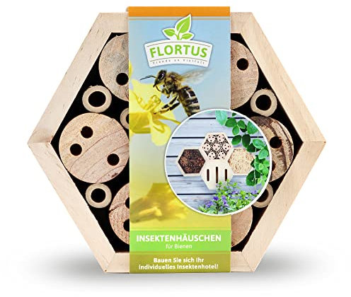 FLORTUS Insektenhotel Bienen | naturbelassenes Bienenhotel 15 x 13 x 6 cm | Wildbienenhotel für den Garten zum Aufhängen | Bienenhaus Nützlingshotel