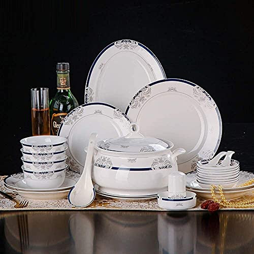 Tafelservice für Familienfeiern, Hotelrestaurants, Keramik-Geschirrset, Teller/Schüsseln/Goldrand-Keramik-Essteller-Set aus Bone China-Porzellan