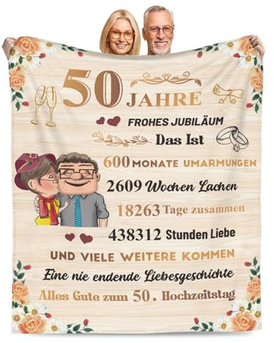 Adolgutty Goldene Hochzeit Geschenke, 50 Jahre Hochzeitstag Geschenke Decke für Frauen Männer Paare, Jahrestag Hochzeitstag, Kuscheldecke Flauschig 150x200cm