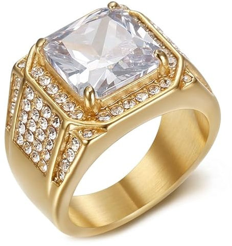 BOBIJOO Jewelry - Diamantring für Herren, Siegelring, Edelstahl, vergoldet, Zirkonoxid