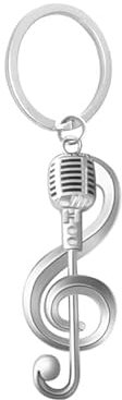 PSL Silver Music Note and Vintage Mic Charm Pendant Keychain Key Ring Gift for Musician