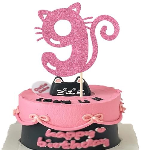 1 Stück Katze 9th Tortendeko Neun Geburtstag Kuchen Deko Glitzer Niedliches Kätzchen Cake Topper für Katze Thema Baby Dusche Kinder 9 Jahre alt Geburtstag Hochzeit Party Kuchen Dekorationen Rosa