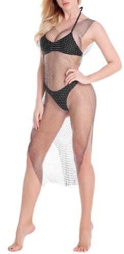 Wisafory Robe en maille filet pour femme - Sexy - Transparent - Sans manches - Paillettes - Robe de plage - Col en V - Haut court - Bikini - Noir - Partie 135 cm