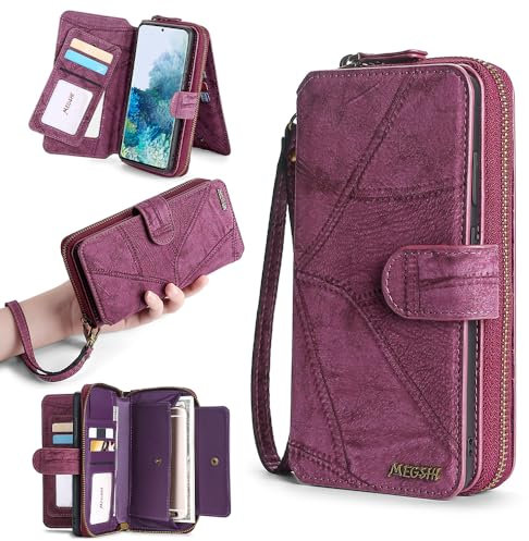 Arseaiy Wallet Case for iPhone 7/8/SE 2020 Magnetic Flip Detachable Phone Case Shockproof PU Leather Zipper Wallet Case Cover with Card Holder Kickstand Shell Purple