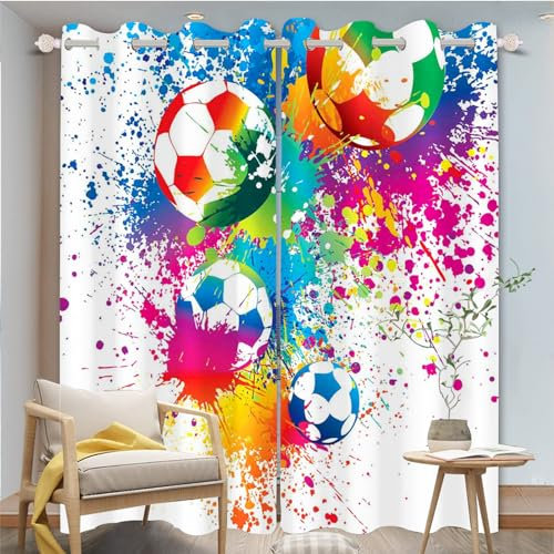 FABTOP Fußball Gardinen Verdunklungsgardine Kinder Jungen Sport Vorhänge 3D-Druck Fußball Kunst Gardinen Blickdicht Für Kinderzimmer Wohnzimmer (4,100×140BxH (50×140cm×2))
