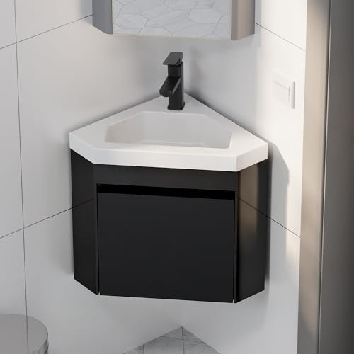 eclife 22 Corner Bathroom Vanity Sink Combo for Small Space Wall Mounted Floating Cabinet with White Resin Sink and Matte Black Faucet, Black