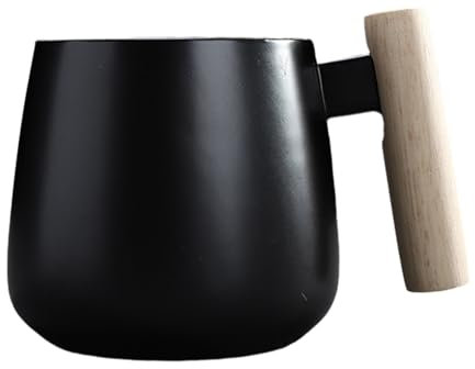 Taza de café de cerámica con asa, tapa de madera, cuchara, taza para el hogar y la oficina (350 ml, negro)