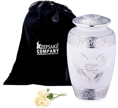 KEEPSAKE COMPANY Urnes funéraires Blanches pour Cendres Adultes – Ailes d'ange et Motif cœur – Parfaites pour Les Femmes – Récipient à Cendres funéraires – Urne pour Cendres mâles, Blanc – Grande