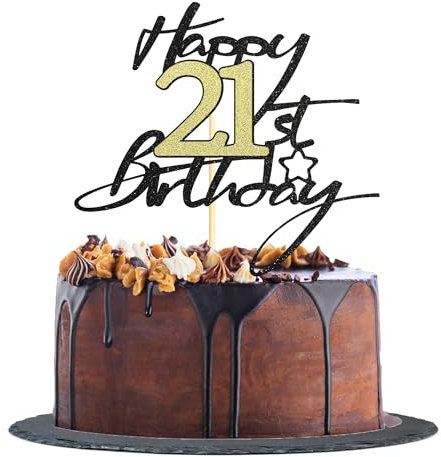 Sotpot 1 Pack 21st Birthday Cake Topper Black Gold Glitter Cake Decorations for 21st Birthday Theme Party Cake Decorations Supplies