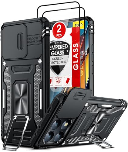 LeYi Funda para Xiaomi Poco X6 Pro 5G con 2 Piezas Vidrio Templado, Armor Carcasa Cubierta de Cámara Deslizante Proteger 360 Full Protección Anillo Soporte Bumper Case, Negro