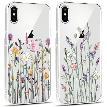 Xylota 2 Stück Handyhülle für iPhone X/iPhone XS 5,8 Hülle, Durchsichtig Weich Silikon Case Muster Aesthetic Blumen Frauen Mädchen Schutzhülle,Dünn TPU Bumper Transparent Stoßfeste Cover für iPhone X