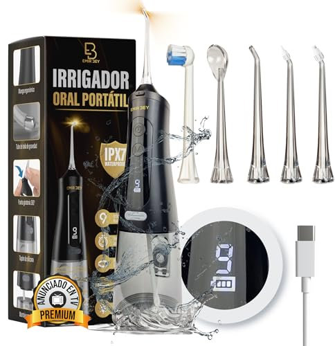 EMIR BEY® Irrigador Bucal Portátil: 6 Boquillas, 350ML, 4 Modos Pantalla UVC Light Recargable, IPX7 Impermeable Irrigador Dental Inalámbrico Profesional Para Limpieza de Dientes, Viajes, USB-C
