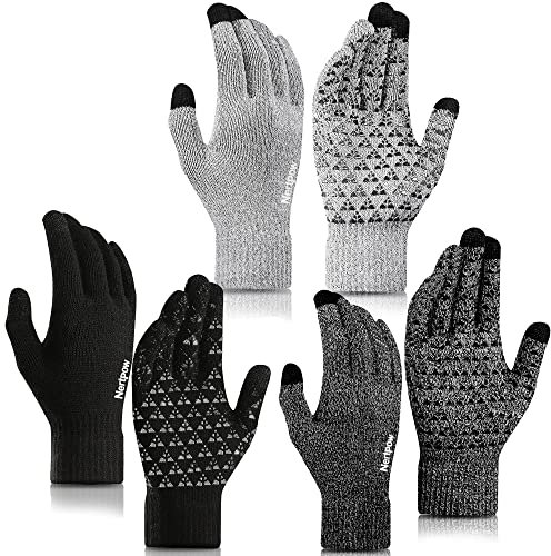 Nertpow Handschuhe Herren Winter Touchscreen 3 Pack, Thermo Handschuhe Herren Damen Warme Rutschfest Stricken mit Fleece Gefüttert Geschenke für Familie(Schwarz&Schwarz+Weiß&Grau+Weiß-L)