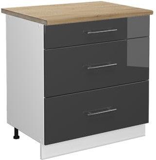 Vicco Küchenunterschrank Fame-Line, Anthrazit Hochglanz/Weiß, 80 cm mit 3 Schubladen, AP Eiche