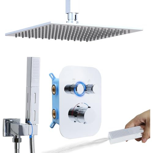 Delnet Upgraded Thermostatic Shower System with 10 Rain Shower Head - Dual Simultaneous Use, Adjustable Flow, Chrome