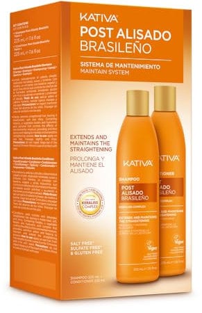 KATIVA Tratamiento Post Alisado Brasileño | Champú y Acondicionador | Prolonga el Alisado un 50% | Antifrizz | Kit 2 unidades | 225 ml | Con keratina vegetal y ácido hialurónico