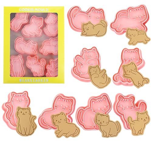 Moldes Galletas Gato 8 piezas,Cortadores de Galletas de Gato 3D,Cookie Cutter Plástico,Juego de Cortadores de Galletas para Repostería, Fondant, Cookie, Fondant, Chocolates