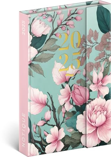 NOTIQUE Taschenkalender 2025 ca. A6, Terminplaner mit Magnetverschluss, Terminkalender, Wochenplaner, Buchkalender, Hardcover Wochenkalender (Rosa Blume)