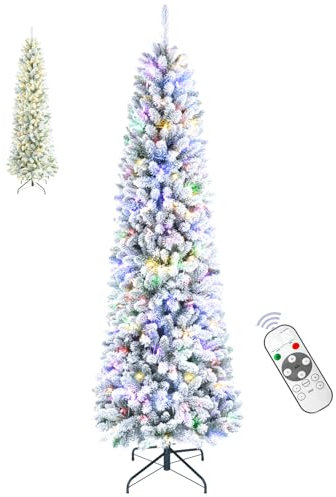 6FT Pre-lit Snow Flocked Pencil Christmas Tree with Remote Control, 150 Warm White Multi-Color Lights, Hinged Slim Skinny Spruce for Home, Office, Holiday Party Decoration Dual Color LED, Full Branch