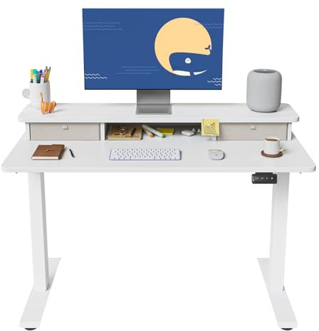 FEZIBO Electric Height Adjustable Standing Desk, 120x60cm, with Double Drawers and Storage Shelf, White