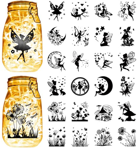 CREATCABIN 24 Stück Feen Silhouetten Lampenglas Aufkleber Einmachglas Ausschnitt Aufkleber Wasserdicht Transparentes PVC Weihnachts Scrapbook Innenverzierung Zubehör Für Wand Fenster Glas 9x10cm