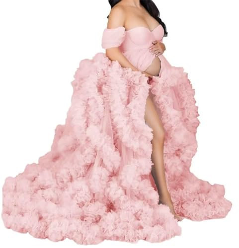 AHERKLL Robe de maternité en tulle bouffante pour séance photo - Lingerie longue transparente - ZM004, rose poudré, 58 Grande taille