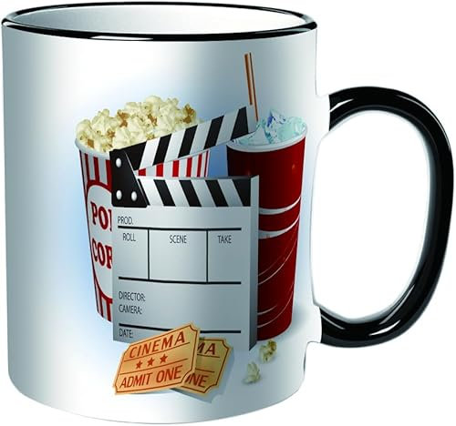 KDWJS Tasse Keramik Kaffeetassen Große 11oz Tassen 330ml Trinkgläser Mit Griff Personalisierte Geschenk Weiß,Soda Tickets Frisches Popcorn und Filmklappe Blockbuster Premiere Kino