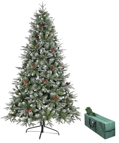 DXDRT Albero di Natale Artificiale Innevato, Albero di Abete con Pigne,Frutti Rossi e Supporto in Metallo, Configurazione Rapida Realistico Decorazione Natalizia per Interno Esterno,150cm/5ft
