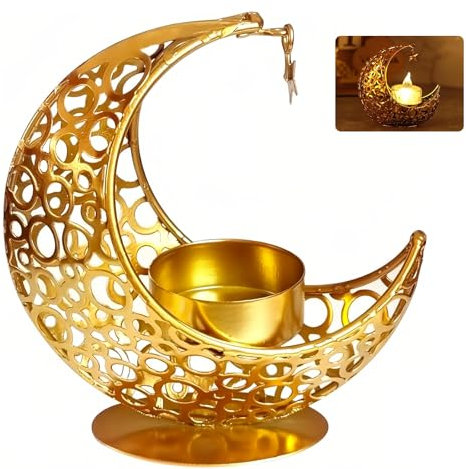 SI SEN Mondkerzenhalter, Ramadan Teelichthalter, Teelichthalter Mondform Gold, Ramadan Deko, für Ramadan Hochzeit Wohnzimmer Modern Goldene Deko