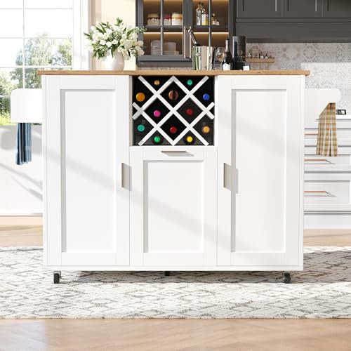Soweiz Isla de cocina con divisores extraíbles, armario de cocina, carrito de comedor con encimera, toallero lateral con soporte para botellas, 138 x 43 x 92 cm (largo x ancho x alto) (blanco)