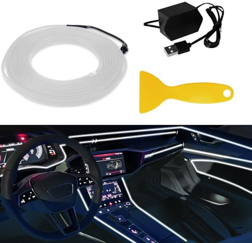 GLL Auto Innenbeleuchtung 5M LED EL Draht USB 5V 6mm Einfassungsrand Weiß | Flexible Auto Innenraumbeleuchtung mit 6mm Einsteckkante für Armaturenbrett, Türen und Mittelkonsole