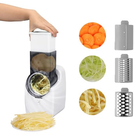 Yallmie Mandoline Vegetable Slicer, Potato Slicer Electric Slicers and Vegetable Cutters, Vegetable Chopper with 3 Blades Cheese Grater Rotary, Salad Chopper for Easy Veggie, Fruit Slicing (White)
