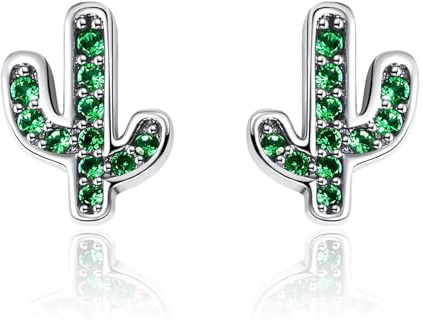 Qings Sparkling Cactus Stud Earrings 925 Sterling Silver Green Symmetric Shining Plant Elements Studs for Women