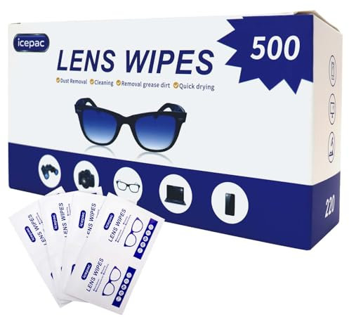 Icepac Lens Wipes for Eyeglasses - 500 Pre-Moistened Individual Wrapped Eye Glasses Cleaning Wipes | Glasses Cleaner Safely Cleans Glasses, Sunglasses, Phone Screen, Electronics & Camera Lens