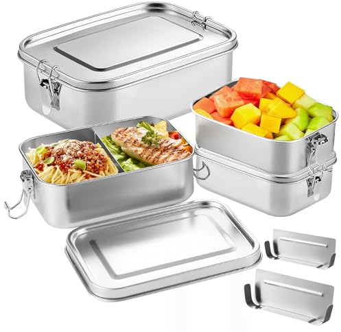 PORFOYO Boîte à bento en acier inoxydable, 500 ml + 500 ml + 800 ml + 1 400 ml Boîtes à bento en acier inoxydable avec compartiments 800 ml + 1 400 ml, pour salade, adultes, pain, déjeuner