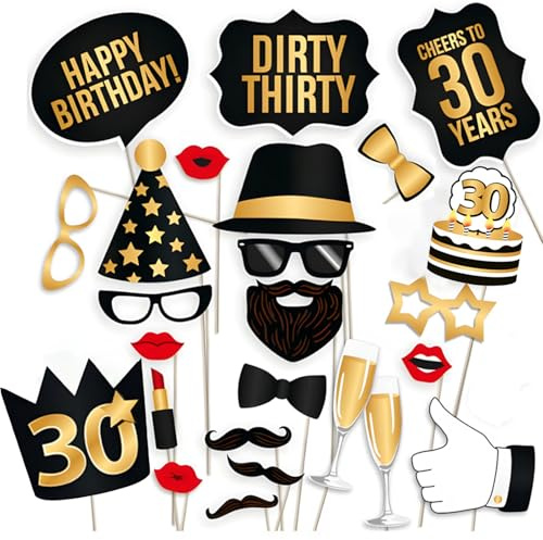 30 Geburtstag Foto Requisiten, 24 Stück Photo Booth Props Dekoration Accessoires, Photo Booth Geburtstag Deko 30 Geburtstag, Party Requisiten Selfie Requisiten,Geburtstag Party Photo Booth Props